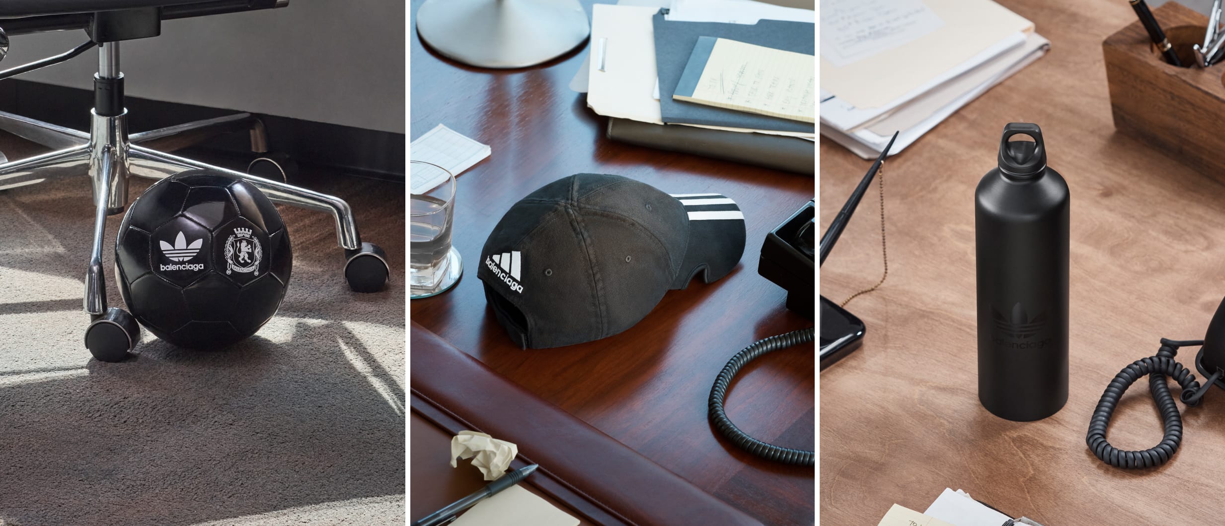 Imagery of a ball, a cap and a drink bottle in an office from the BALENCIAGA / ADIDAS collection.