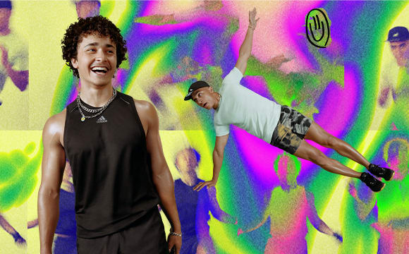Men in workout gear on brightly coloured backgrounds, overlaid with smily face graphic.