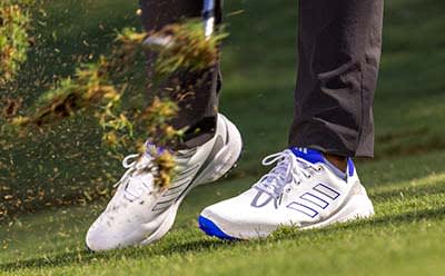 shoes in a golf swing finish position