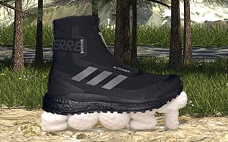 Outdoor shoe in front of terrain scene and character
