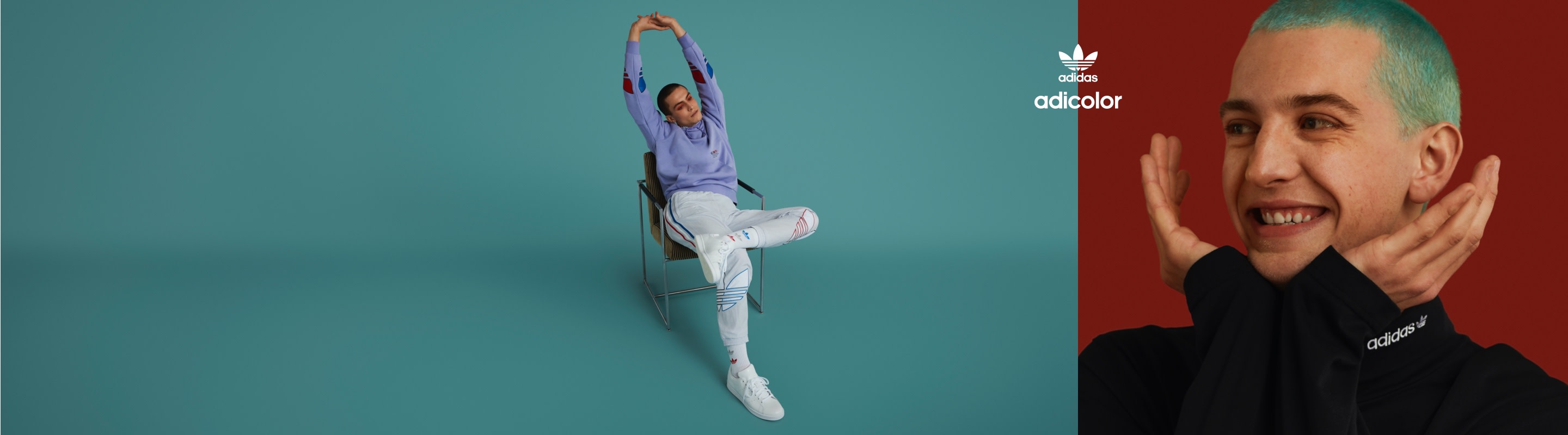 Man stretching in chair on blue background with man smiling on red background.