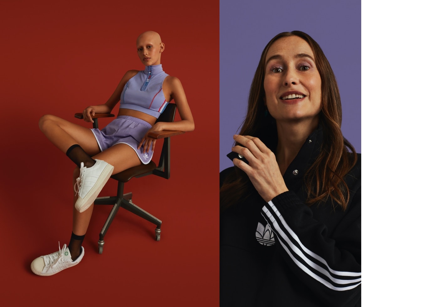 Woman sits on chair with another woman smiling at her.
