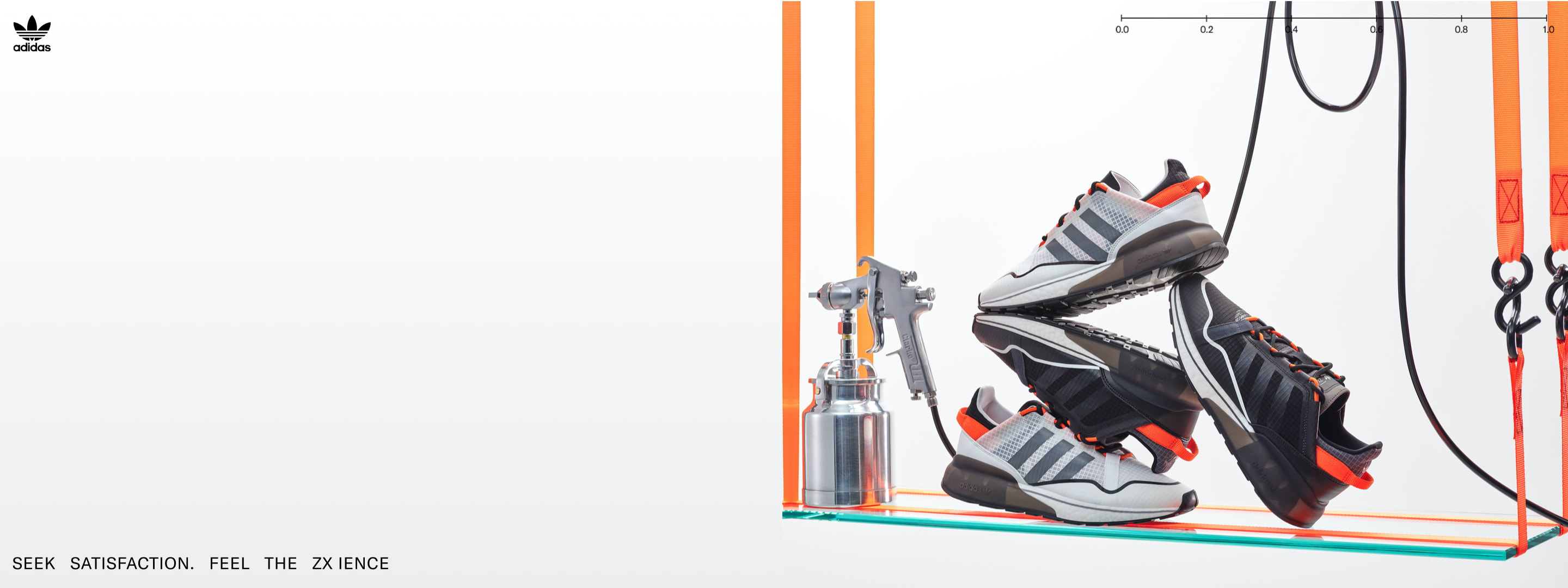 ZX 2K BOOST PURE unisex shoes are shown piled on top of each other in a science lab scene.