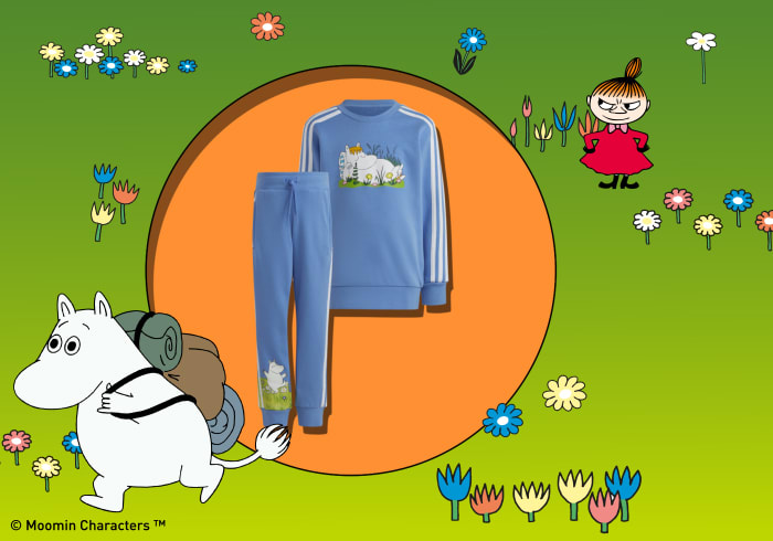 Green field with Moomin characters and adidas X Moomin products.
