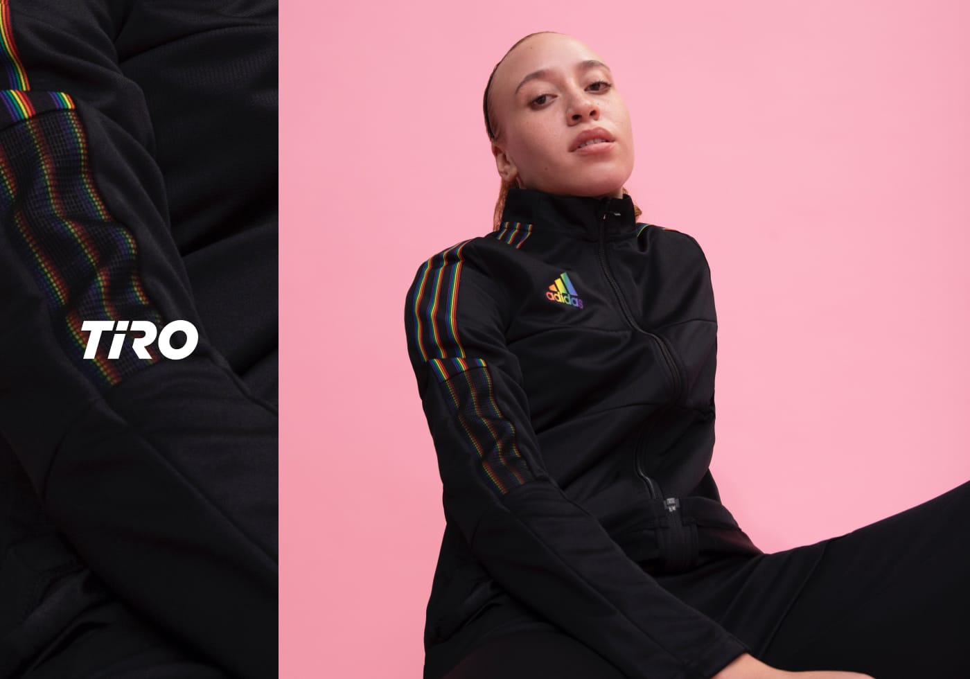 Woman wearing the key outfit from the TIRO 21 Pride Pack from adidas. Spring/Summer 21.