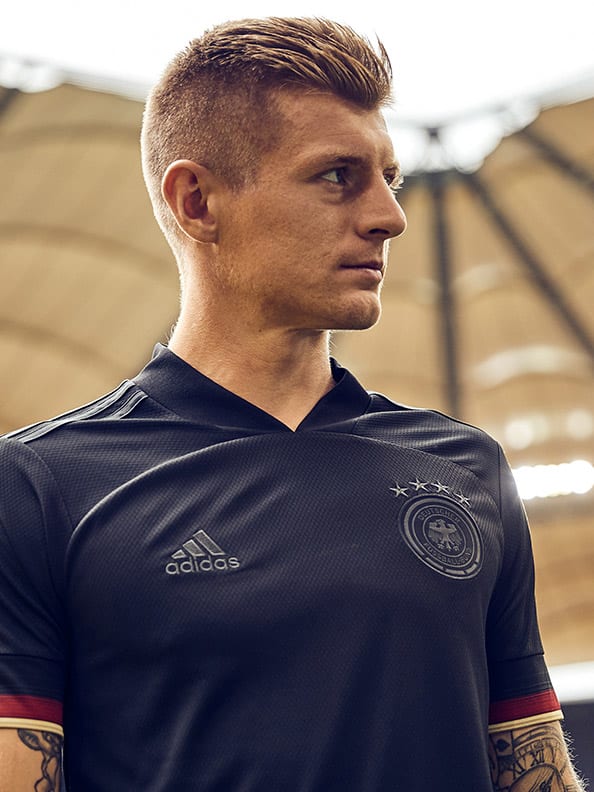 The new Germany Away jersey is shown here. Back in black, standing for confidence and elegance.
