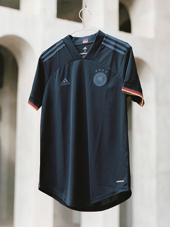 The new Germany Away jersey is shown here. Back in black, standing for confidence and elegance.