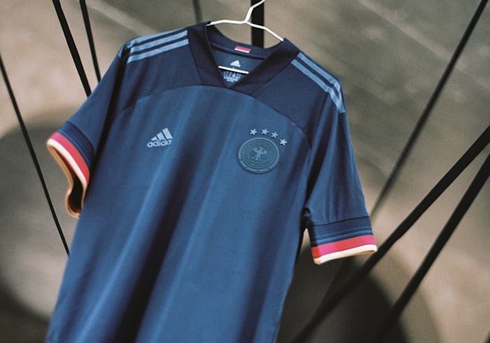 The new Germany Away jersey is shown here. Back in black, standing for confidence and elegance.