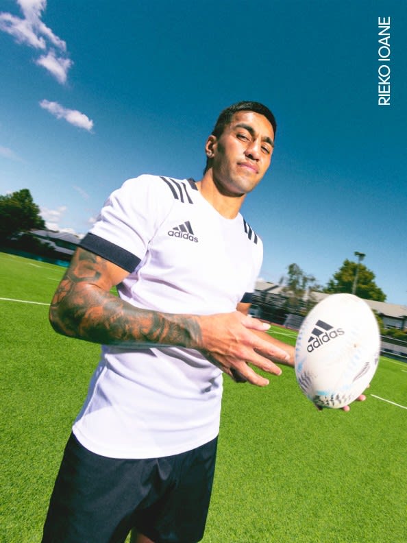 Reiko Ioane playing Rugby with the new Adizero RS15 PRO rugby boots (Core Black/ftwr white/carbon).