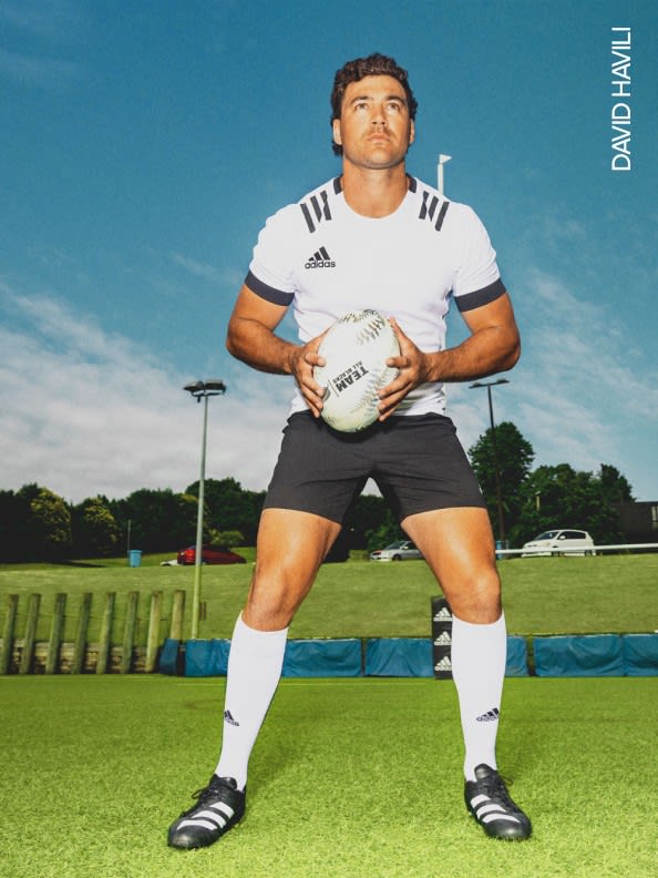 David Havili playing Rugby with the new Adizero RS15 PRO rugby boots (Core Black/ftwr white/carbon).