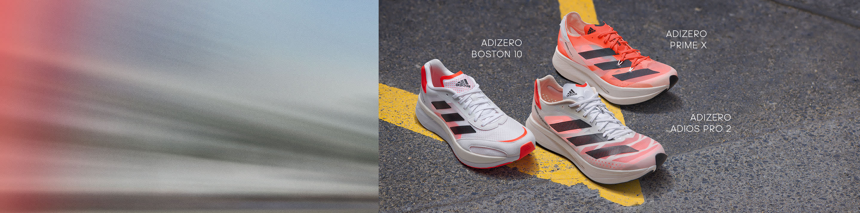 Adizero running shoes on the street with text
