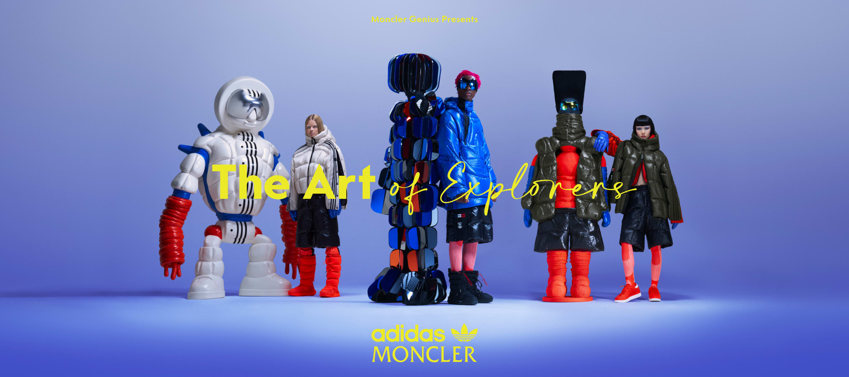 3 models wearing the Moncler x adidas Originals collection are shown standing next to 3 paired scupltures in a studio setting.
