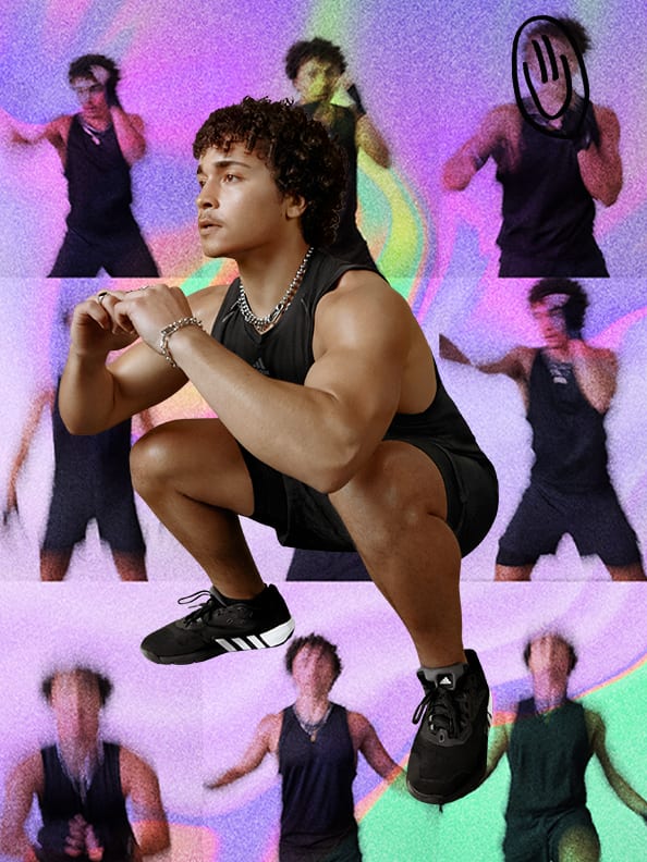 Man in workout gear performing a squat, in front of a vibrant purple swirled style background.