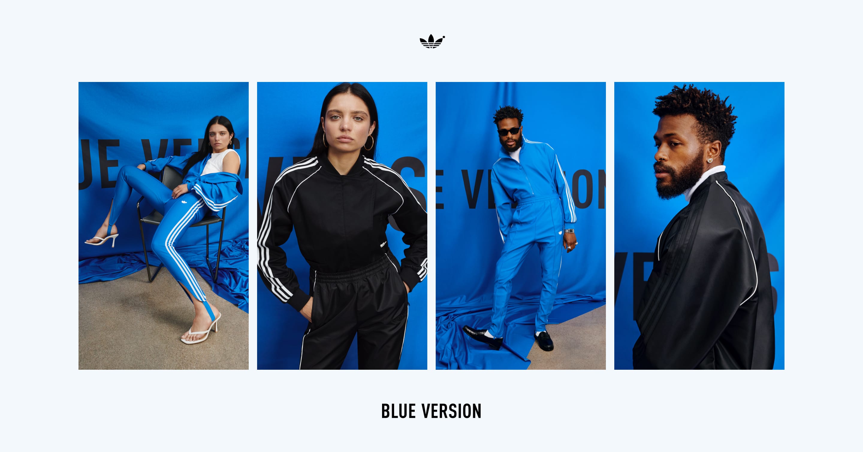 Four images of Duckwrth and Ganna Bogdan sporting various Blue Version garments in sitting and standing positions.