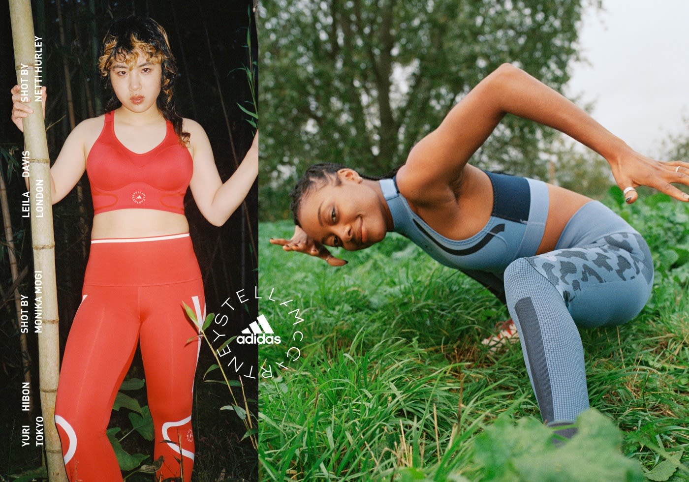 On the left, a woman wearing a bra and tights holds a bamboo pole as she gazes into the camera. On the right, a smiling woman crouches low in long grass.