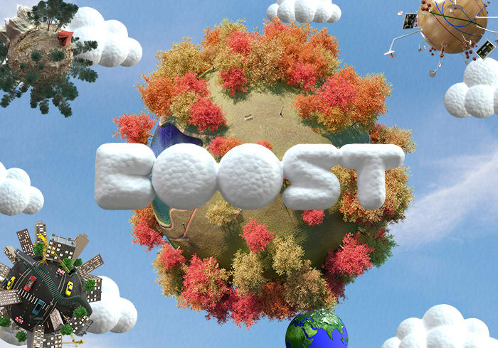 Park running globe in night time sky with boost character