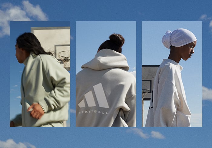 A trio of images—a rear view of someone standing on an outdoor basketball court watching their shot arc toward the hoop, a rear view of someone under a blue sky wearing a grey hooded sweatshirt with large white adidas Basketball logo, a person standing with their arms crossed behind their back in a grey adidas Basketball t-shirt.