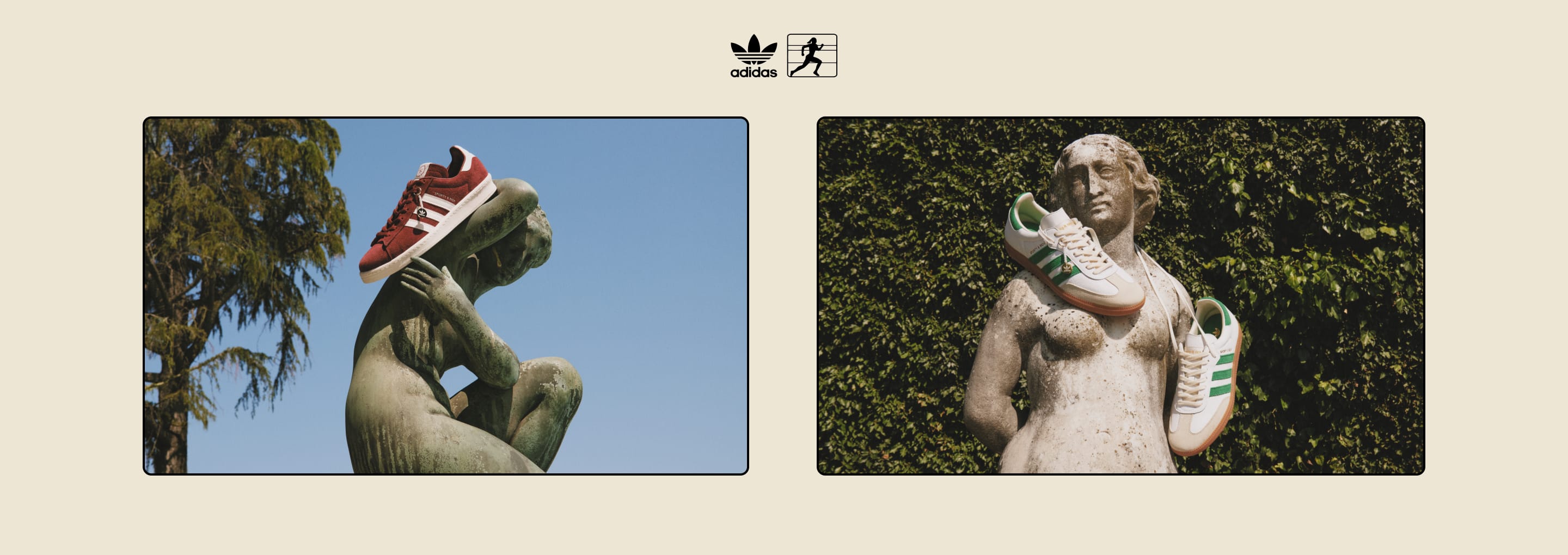 The adidas X Sporty & Rich Samba OG and Campus 80s hanging from two statues surrounded by nature.