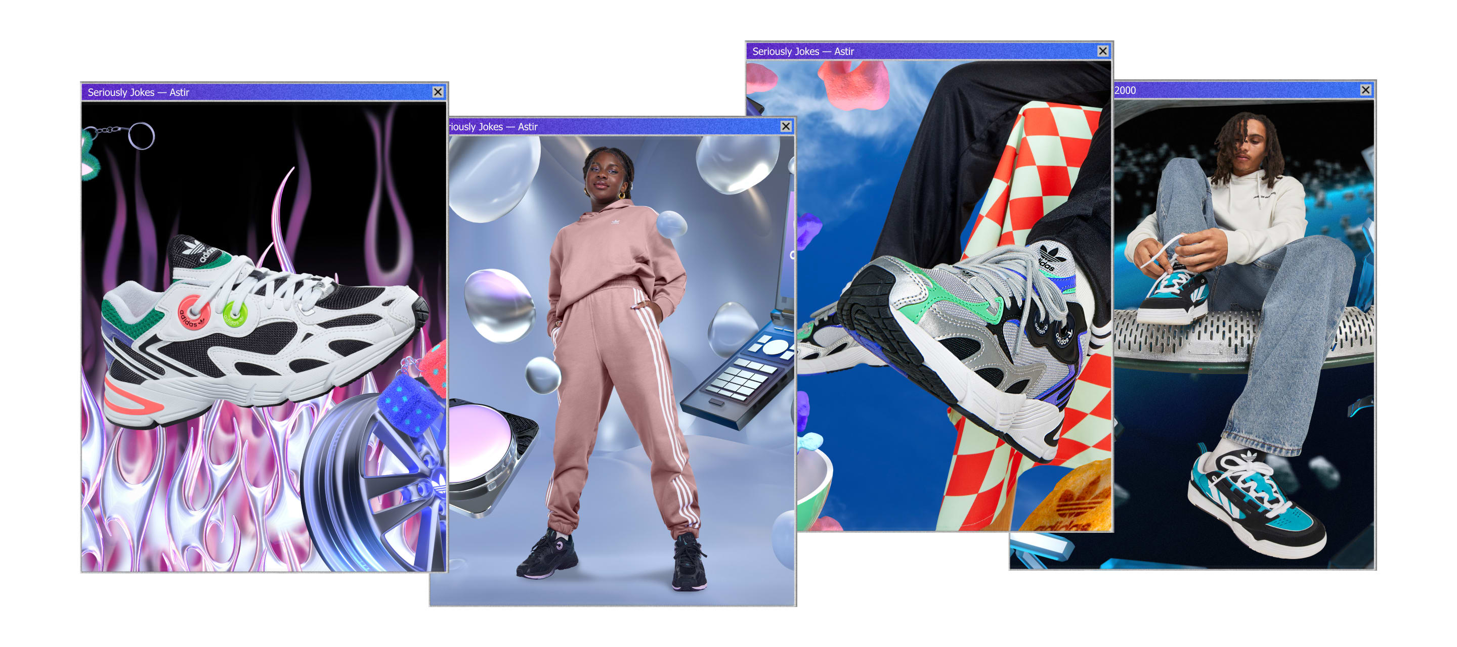 Four perpendicular images of models wearing the ADI2000 and Astir sneakers in various 3D environments.