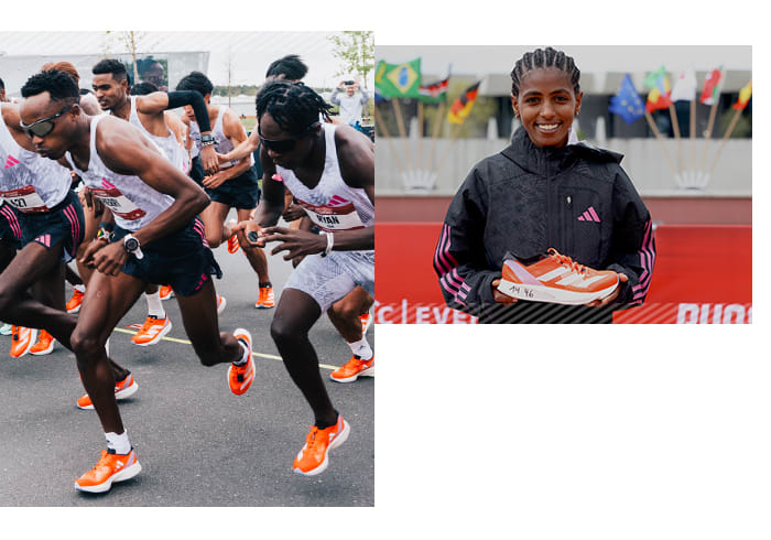 Switching images of athlete crossing the finish line and an image of a shoe.