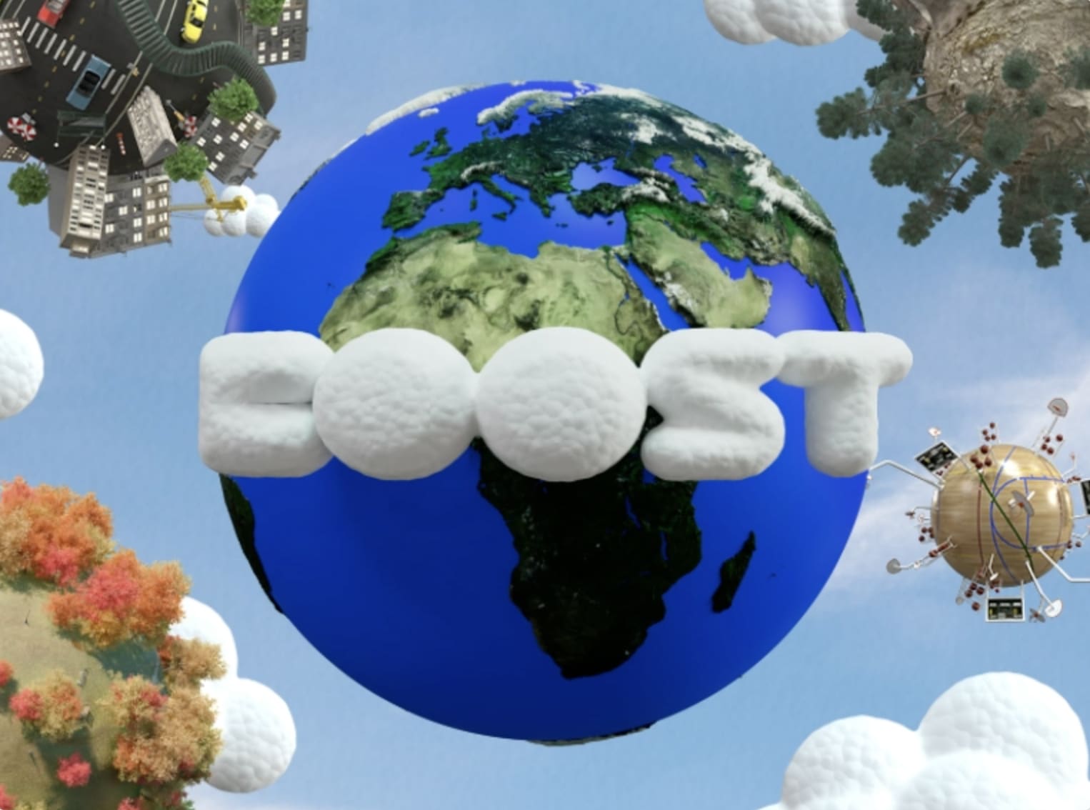 Night time sky with Boost font, globe and character