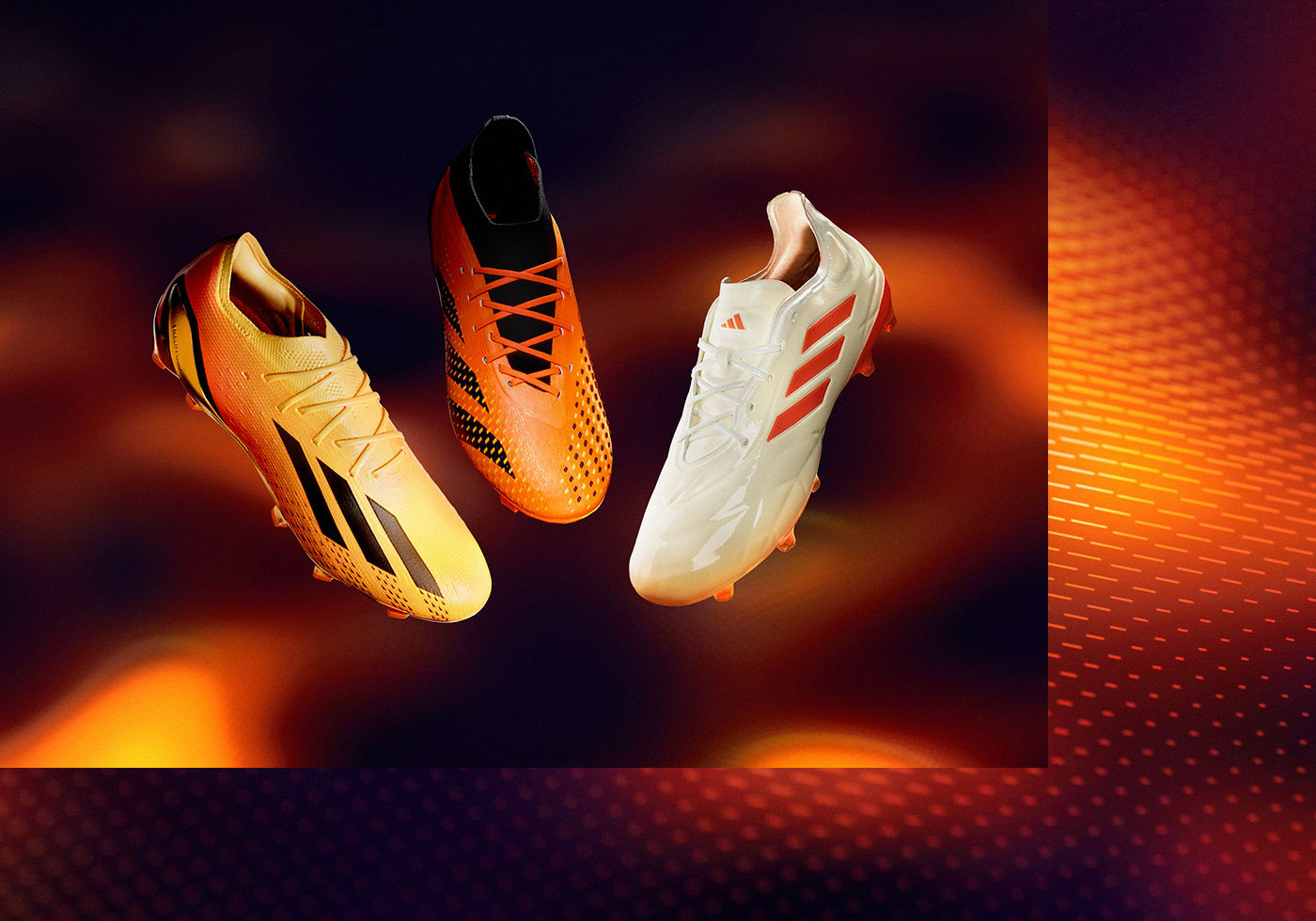 Three adidas football boots, Predator, Copa and X, touch the ground. It looks like a heatmap in hues of orange and red