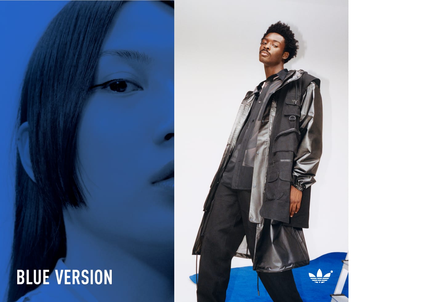 Two perpendicular images of two models sporting garments from the latest Blue Version collection.