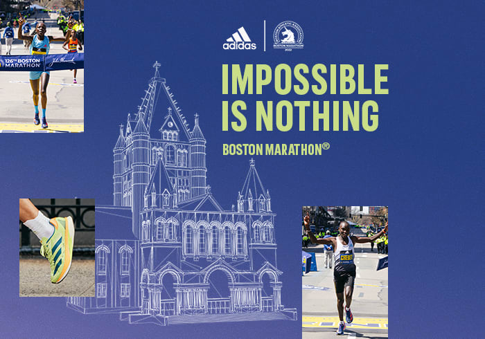Two athletes crossing the finish line and an image of a shoe placed over a building silhouette