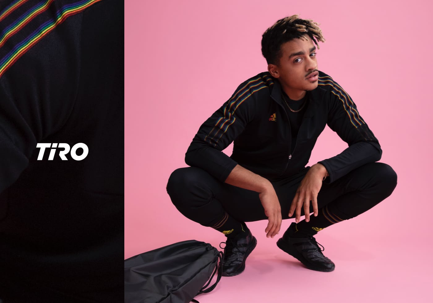 Man wearing the key outfit from the TIRO 21 Pride Pack from adidas. Spring/Summer 21.