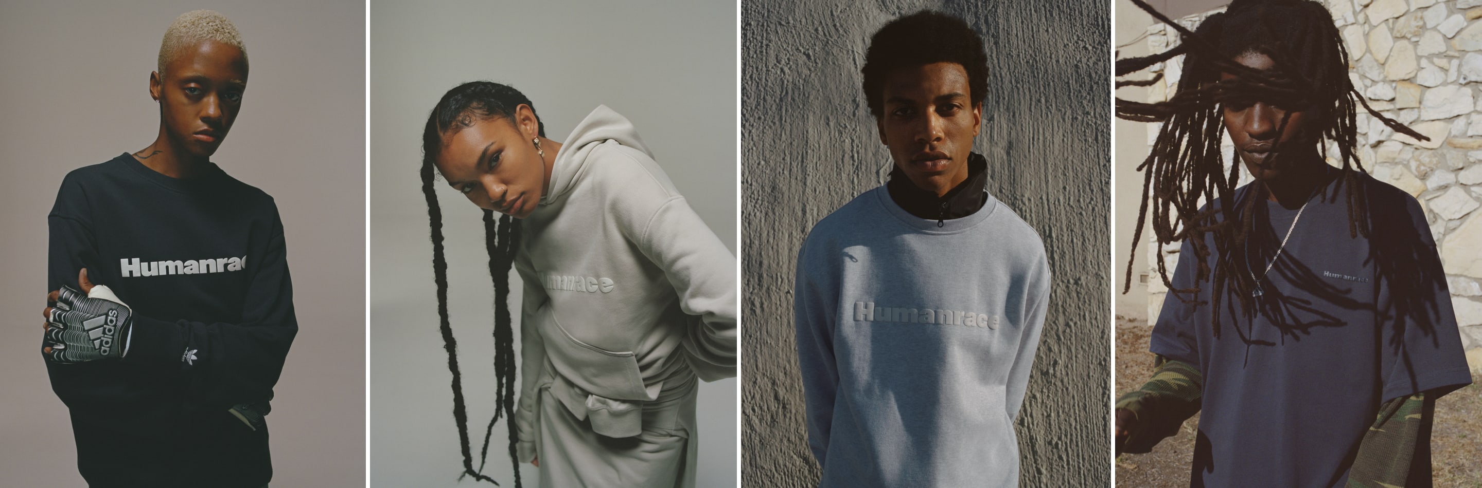 Four images of models wearing the FW22 Premium Basics collection against neutral gray background.