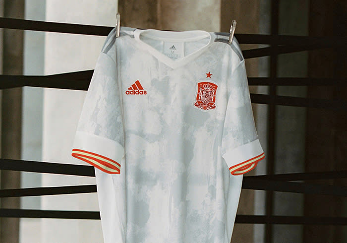 The new Spain Away jersey is shown here. With splashes of colour, the design reflects the creativity that marks the current Spanish side.