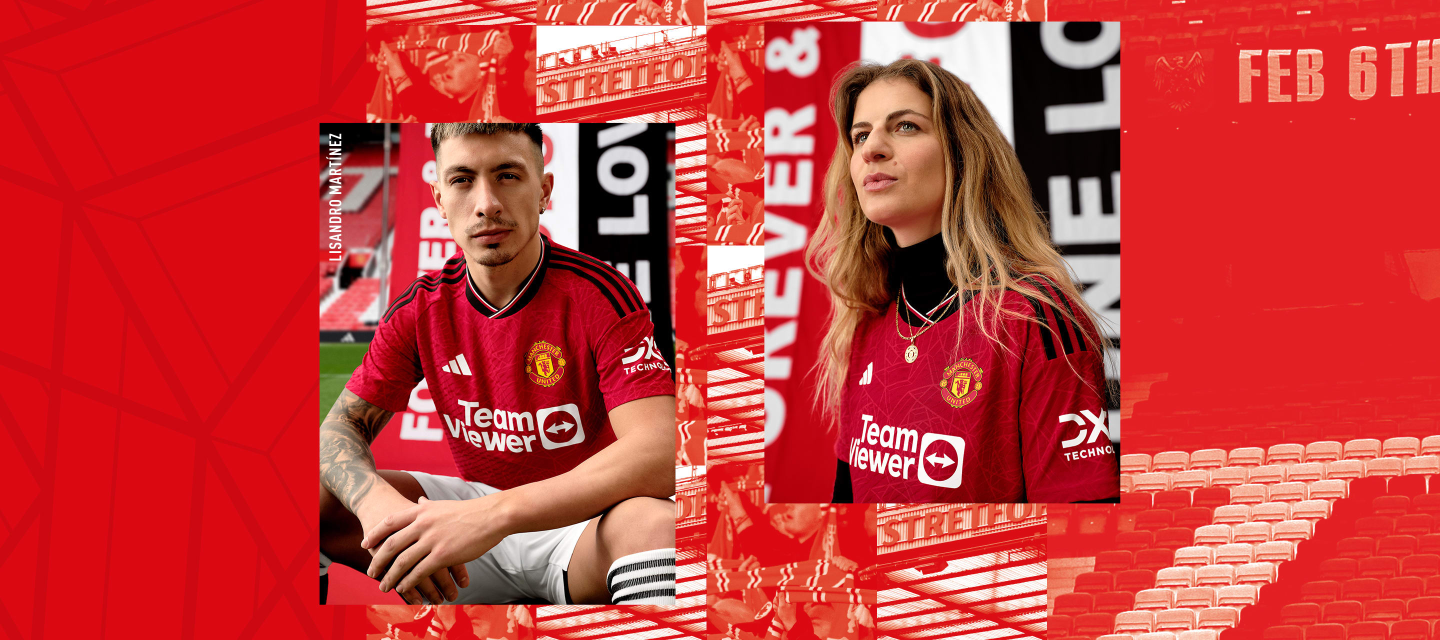 Composición visual de jugadores profesionales masculinos y femeninos con el nuevo uniforme de local del Manchester United 23/24