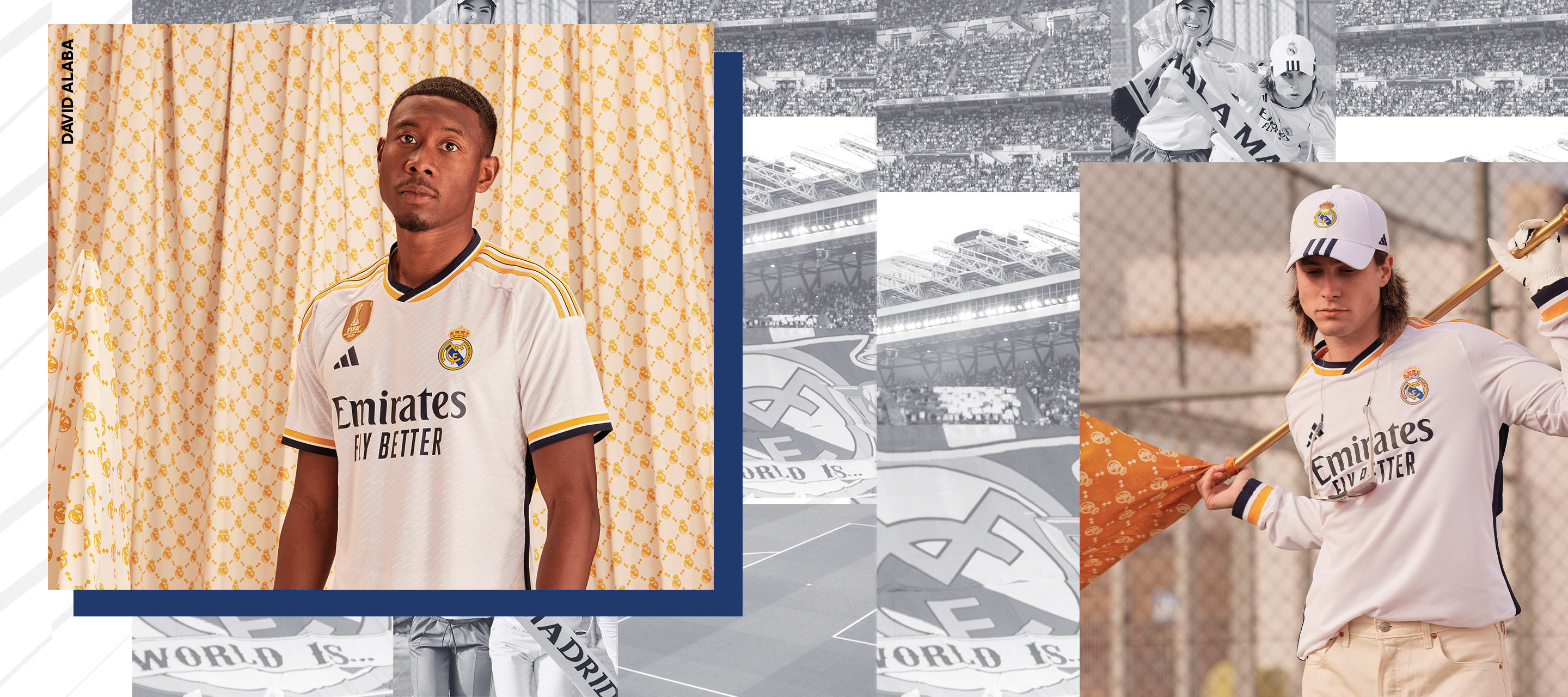 Composición visual con un atleta profesional masculino y un hincha masculino con la nueva equipación local del Real Madrid 23/24