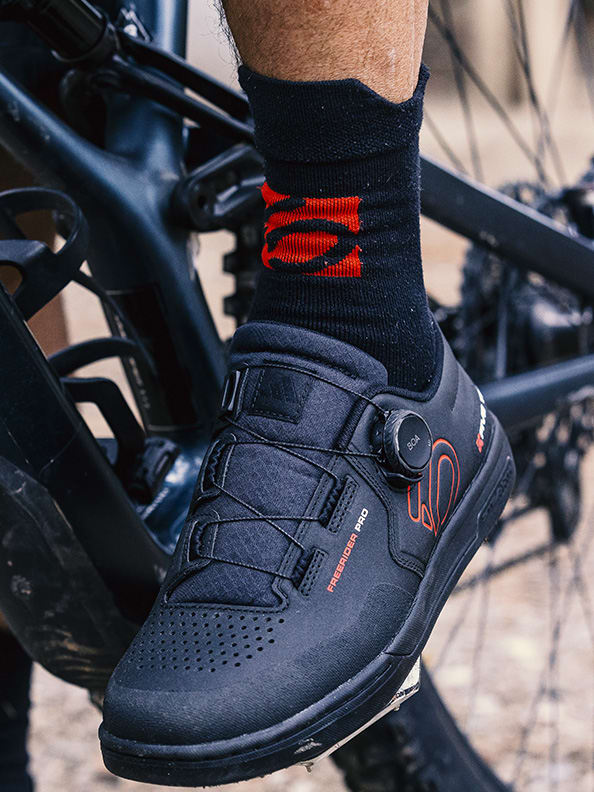 A selection of images showing mountain bikers and close up details of the adidas Five Ten Freerider Pro BOA