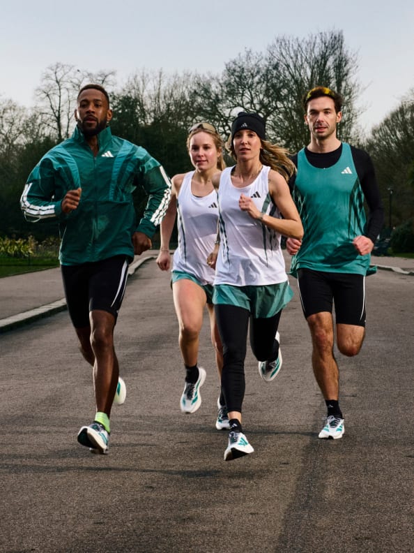 Four images show of various male and female runners wearing the new Adizero Boston 13 in urban settings.