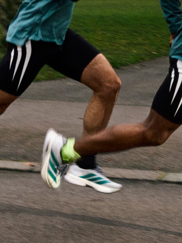 Four images show of various male and female runners wearing the new Adizero Boston 13 in urban settings.