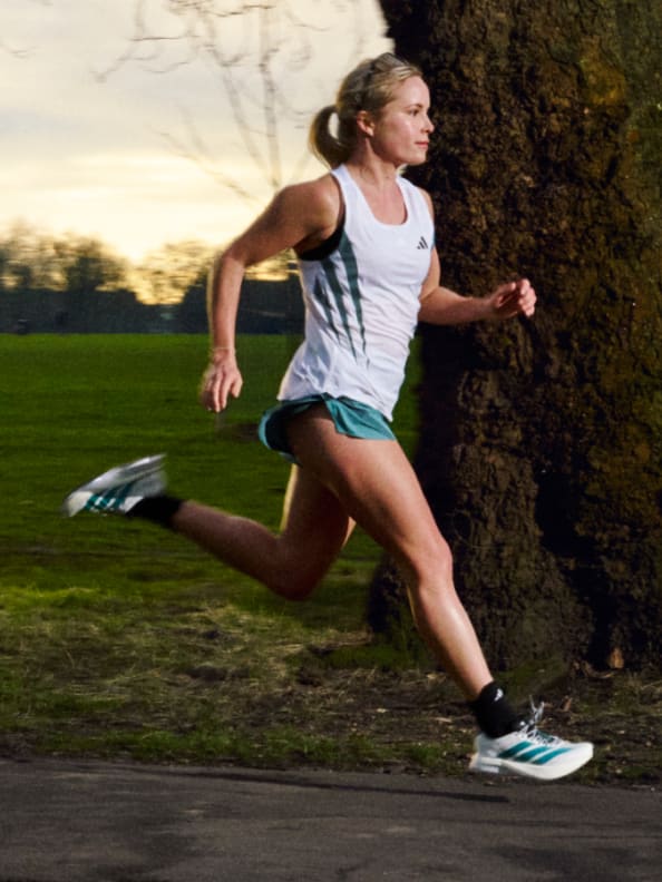 Four images show of various male and female runners wearing the new Adizero Boston 13 in urban settings.