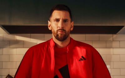 A man with a beard wearing a red jacket stands in a tiled room with a dark background.