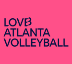 The image displays the text "LOVE ATLANTA VOLLEYBALL" against a bright pink background.