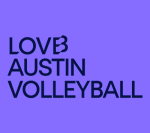 The image displays the text "LOVE AUSTIN VOLLEYBALL" against a vibrant purple background.