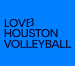 The image displays the text "LOVE HOUSTON VOLLEYBALL" against a bright blue background.
