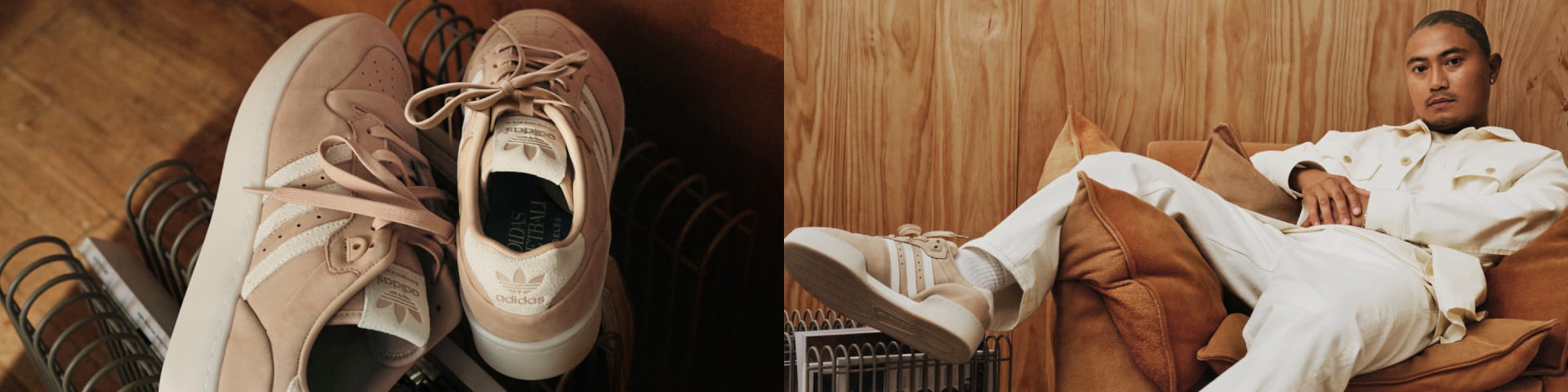 Collage of model wearing off-white chore jacket and beige adidas sneakers