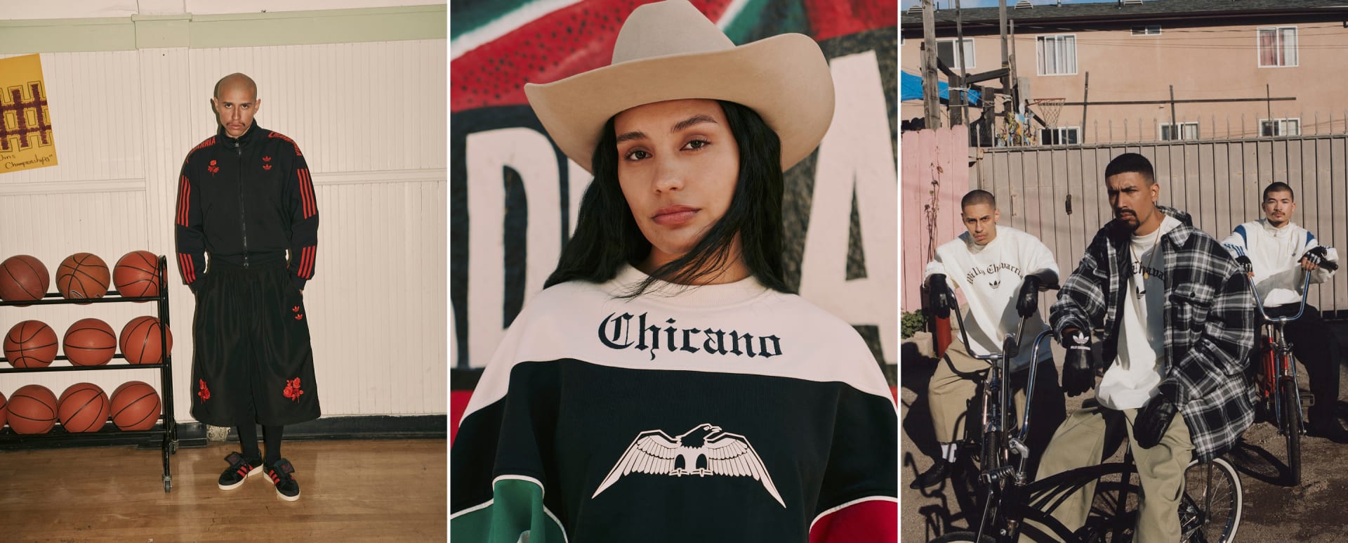The image shows a person wearing a black and white shirt with the word "Chicano" printed on it, standing in front of a colorful background with various images and graphics.