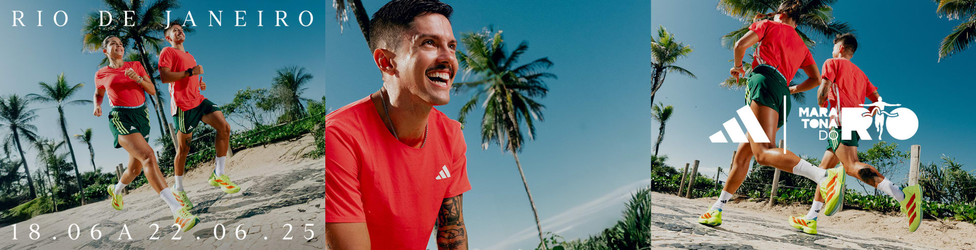 A smiling man wearing a red t-shirt stands in the foreground, with palm trees and a tropical beach scene in the background.