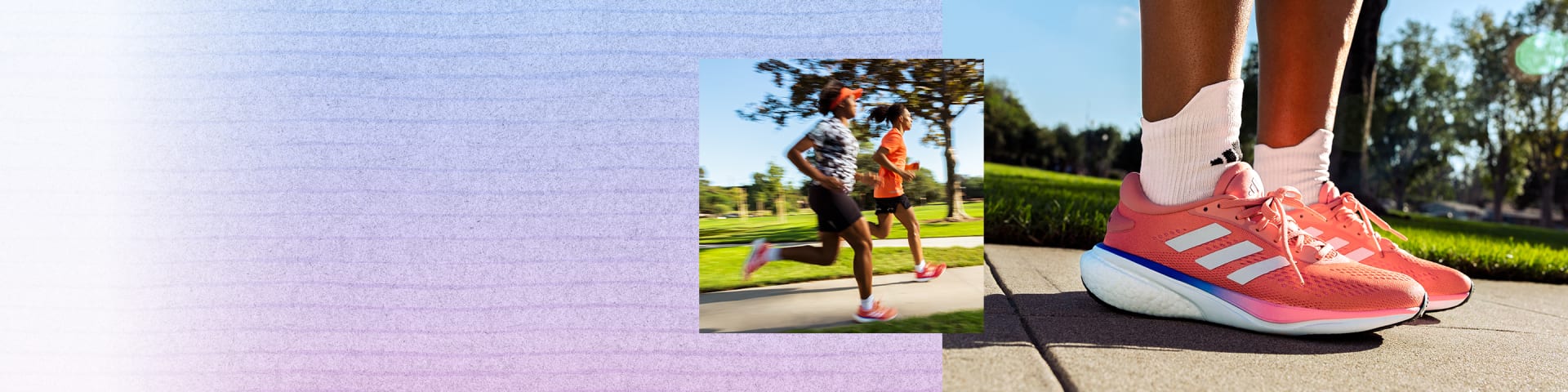 Image of 2 runners, one men and women, running together in the park and one close shot image of a pair of running shoe.