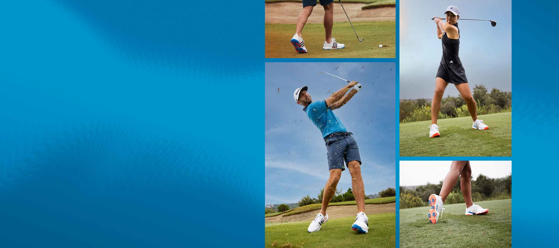 Dustin Johnson and Danielle Kang swinging a golf club in the Tour360 golf shoes