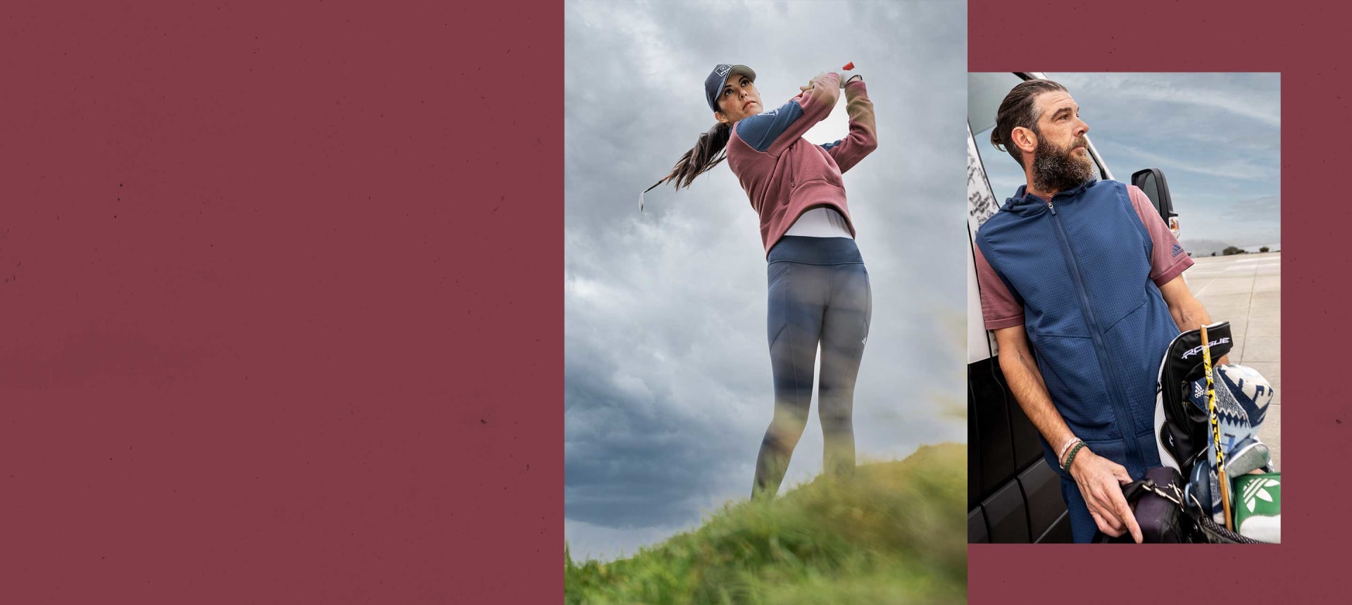 One photo of a woman swinging a golf clubin adidas fleece golf clothing. One photo of a man with golf clubs in adidas fleece golf clothing.