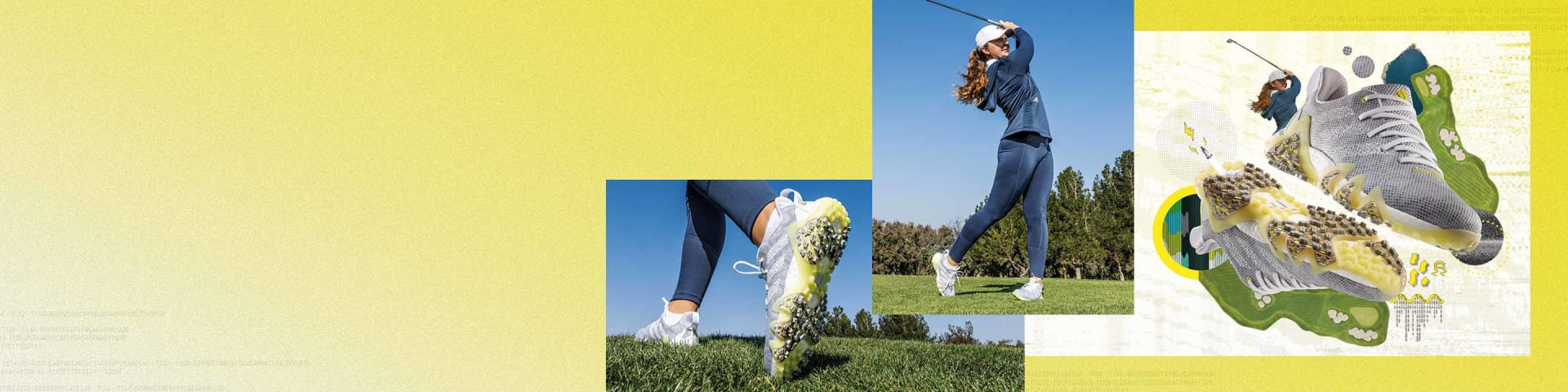 Collage of photos of CODECHAOS22. One photo of woman walking in shoe, one photo of woman swinging in shoe, one image of shoes with design elements.