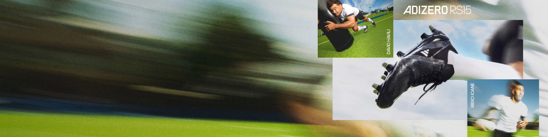 David Havili and Reiko Ioane playing Rugby with the new Adizero RS15 PRO rugby boots. Close up of the RS15 PRO (Core Black/ftwr white/carbon)