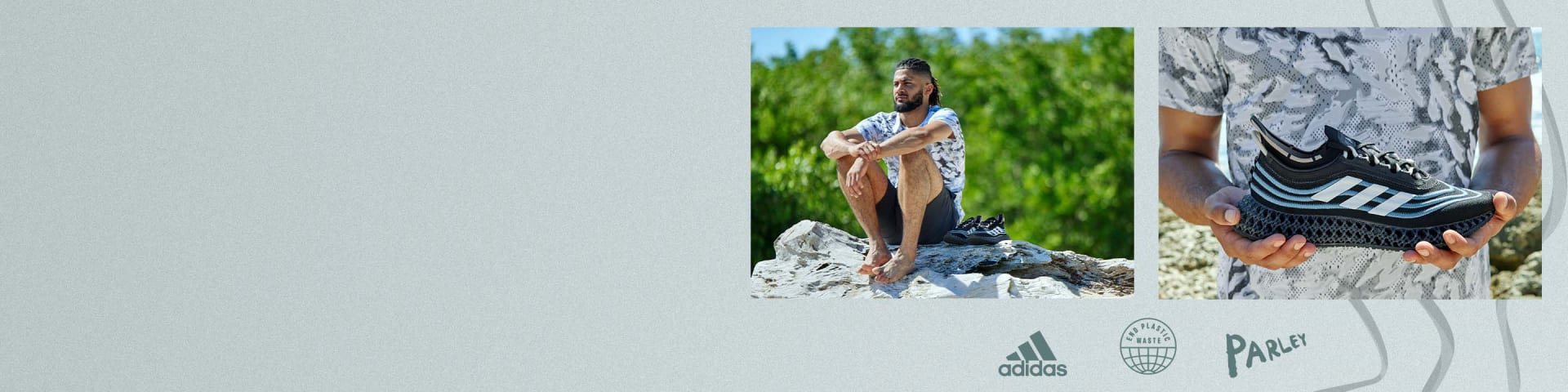 Dual image: Fernando Tatís Jr. (Pro baseball player) sitting on beach with Parley shoes. Fernando holding Parley shoe.